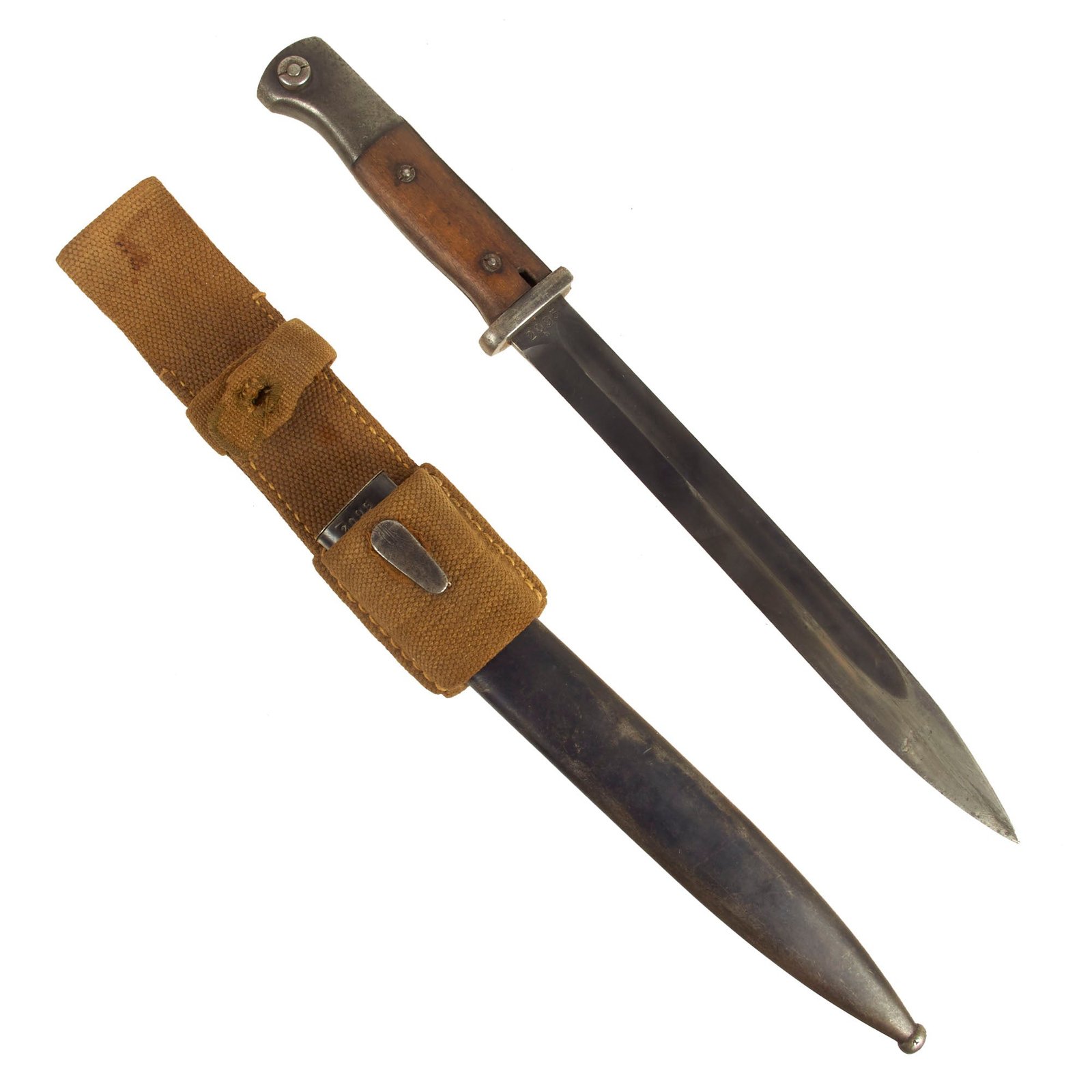 Buy Original German Pre-WWII 98k Bayonet by E. & F. Hörster with 1941 dated Scabbard & Tropical Deutsches Afrika Korps DAK Web Frog - Matching Serial 2095 h | Original Firearms Antique For Sale
