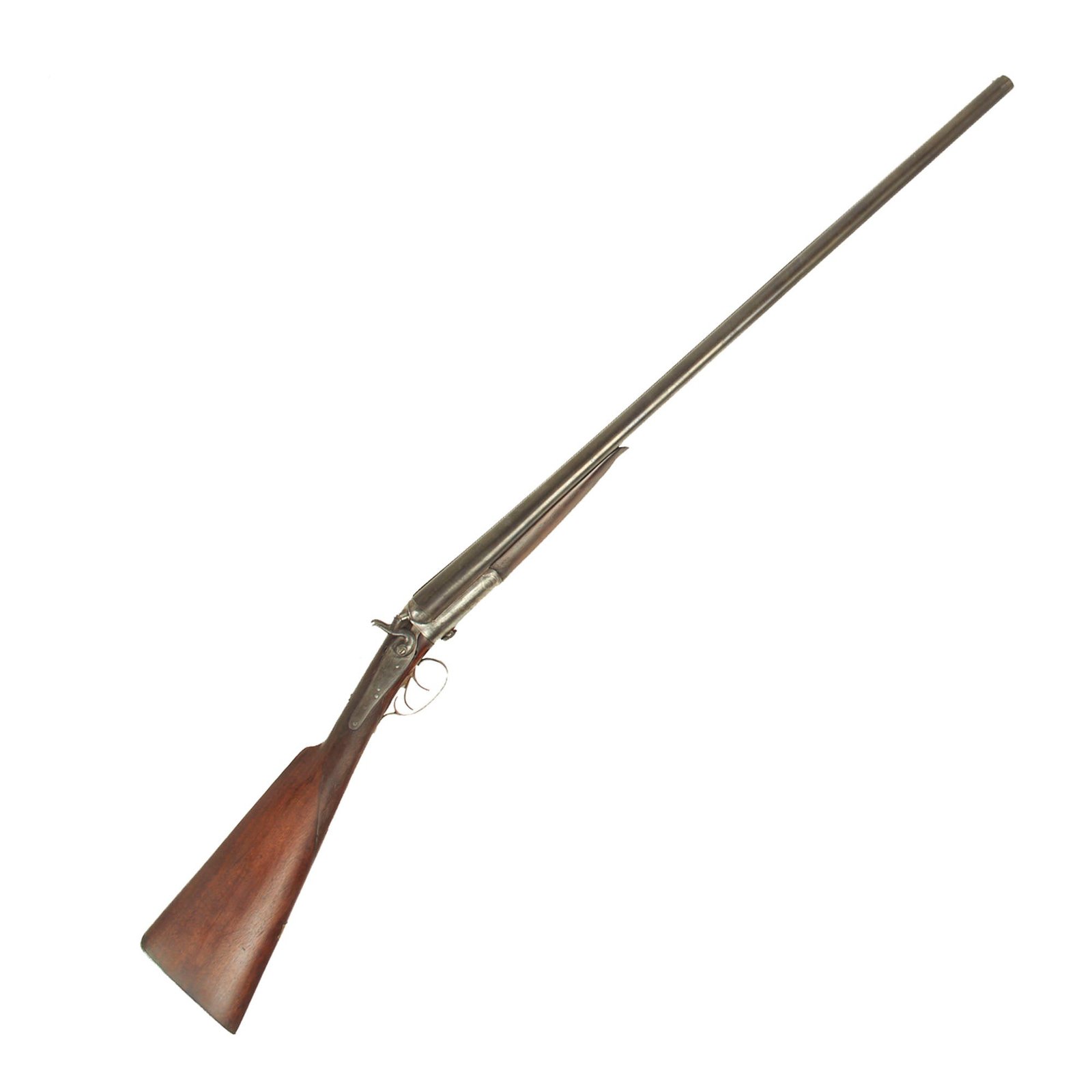 Buy Original British 14 Gauge Double Barrel Side Lever Hammer Shotgun by W. H. James Serial 26051 - circa 1870 | Original Firearms Antique For Sale