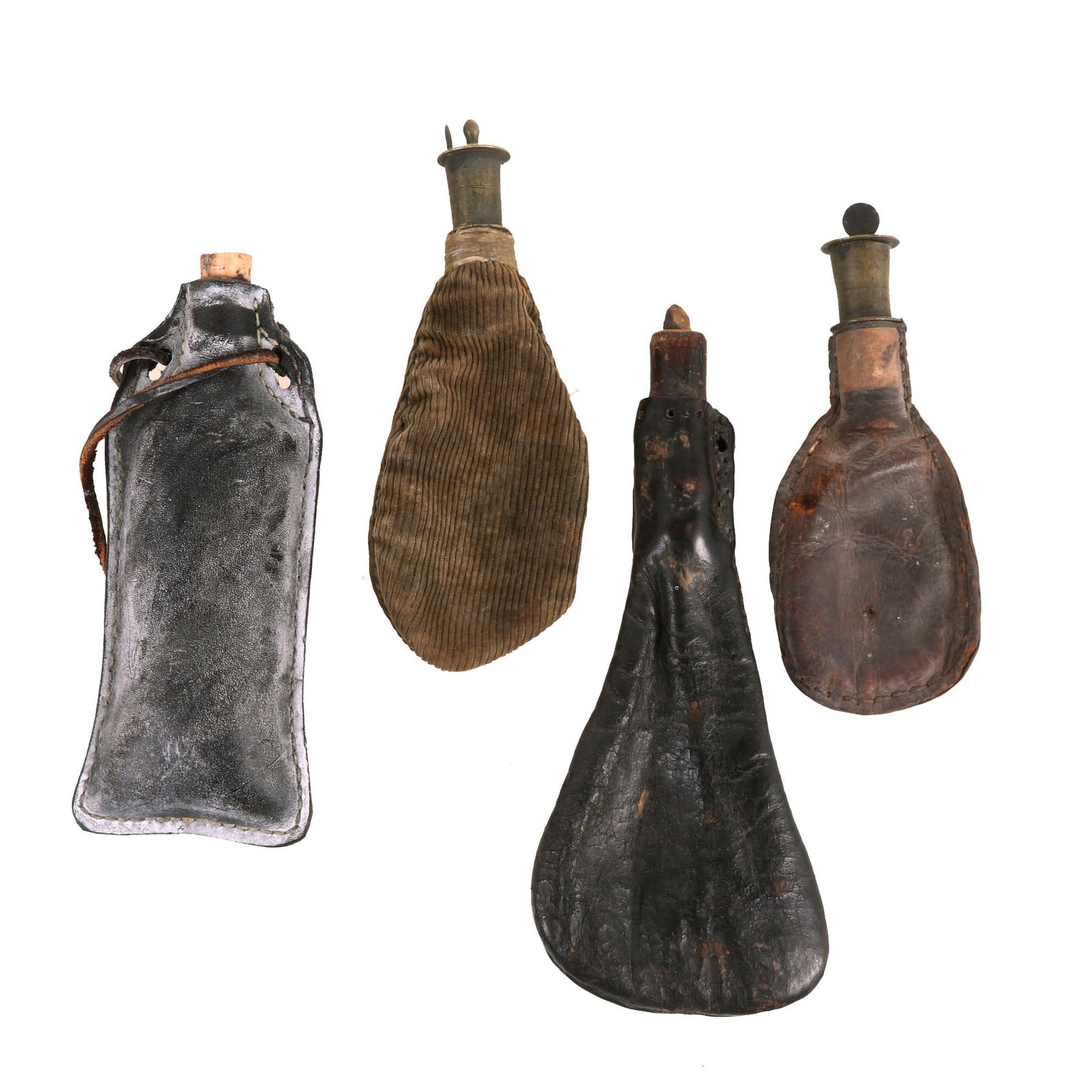 Buy Original U.S. or British War of 1812 Era Shot Bags of Leather & Corduroy with Irish Stoppers - Lot of Four | Original Firearms Antique For Sale